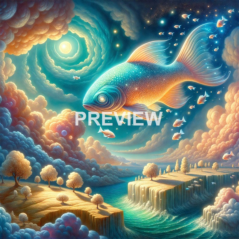 A large, glowing fish with an iridescent body swimming through a surreal, colorful landscape filled with clouds, trees, and a starry sky with a bright moon-like object.